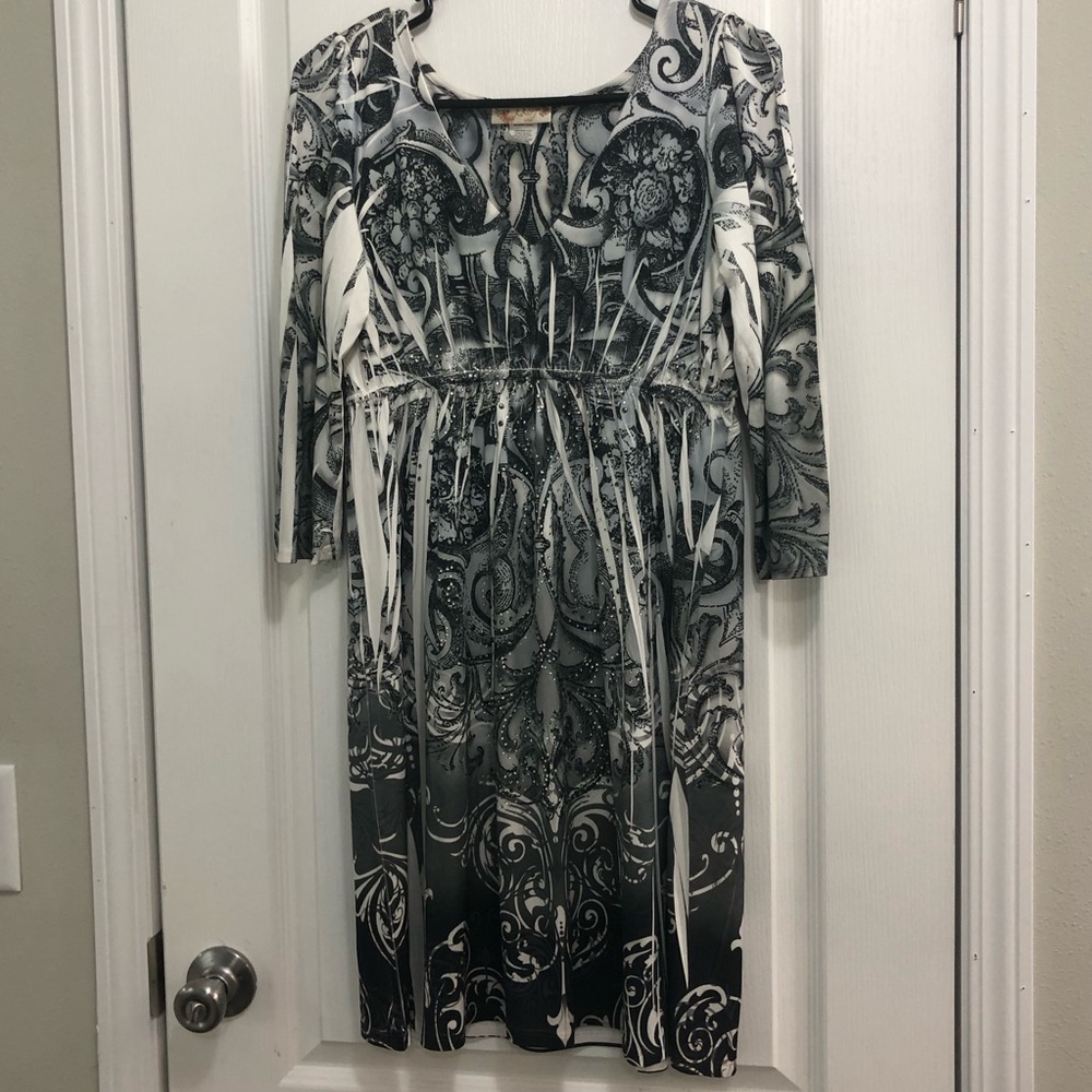 R. Rouge XL Cyber Y2K Abstract Rhinestone Babydoll V Neck Dress 3/4 Sleeve 2000s